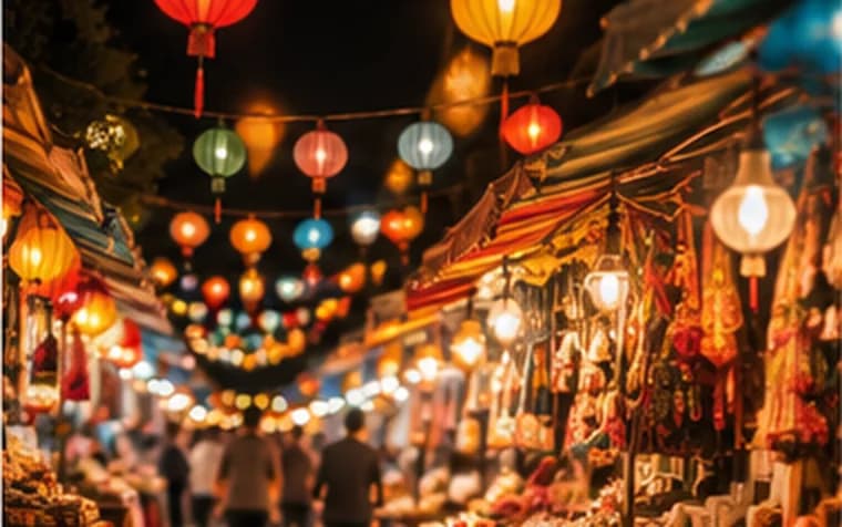 Night market lined with colorful lanterns